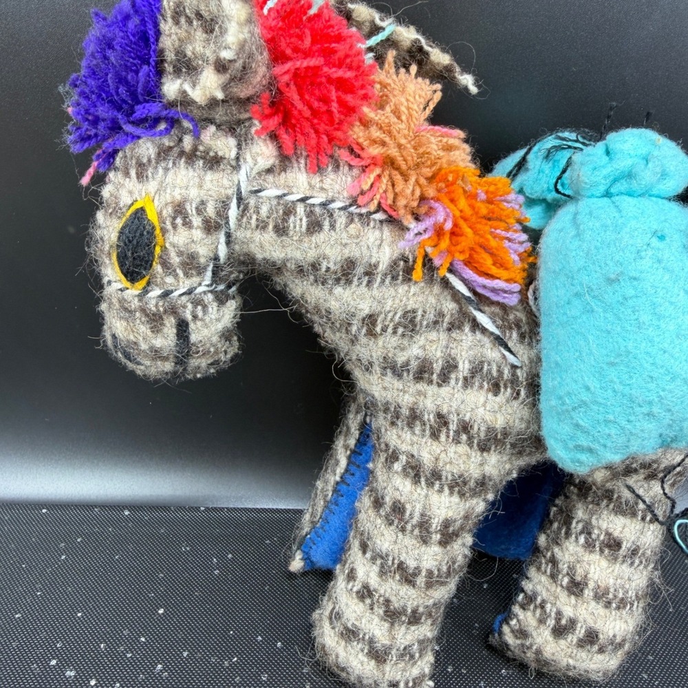 Vintage Mexican Folk Art Woven Wool Burro Donkey Figurine Colorful Yarn Pom Poms - Picture 5 of 11